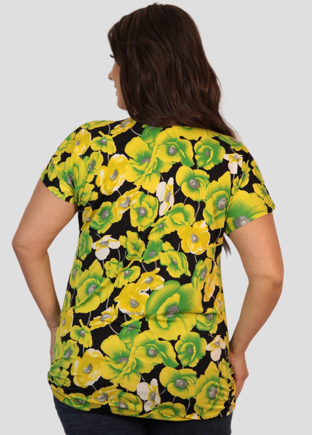 Желтая летняя блуза трикотажная желтая с абстрактным цветочным принтом art 00070b BABOCHKA XL Collection