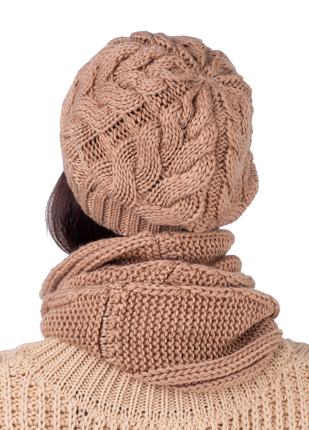 Комплект женский Bakhur шапка + шарф-снуд однотонные песочные кэжуалы мохер, акрил, шерсть