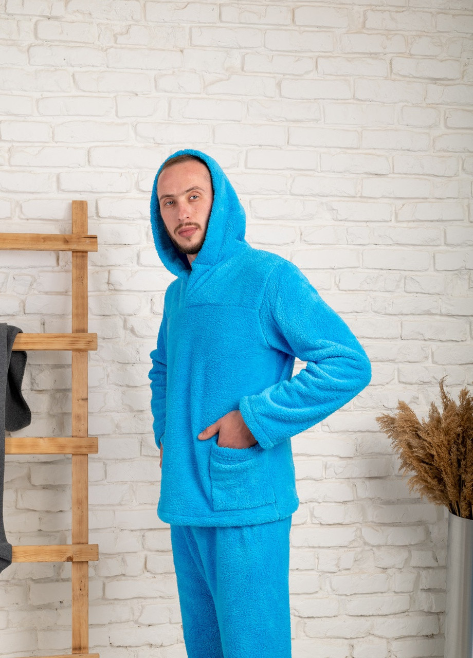 Теплая мужская пижама с карманами и капюшоном V.O.G. кофта + брюки голубая домашняя