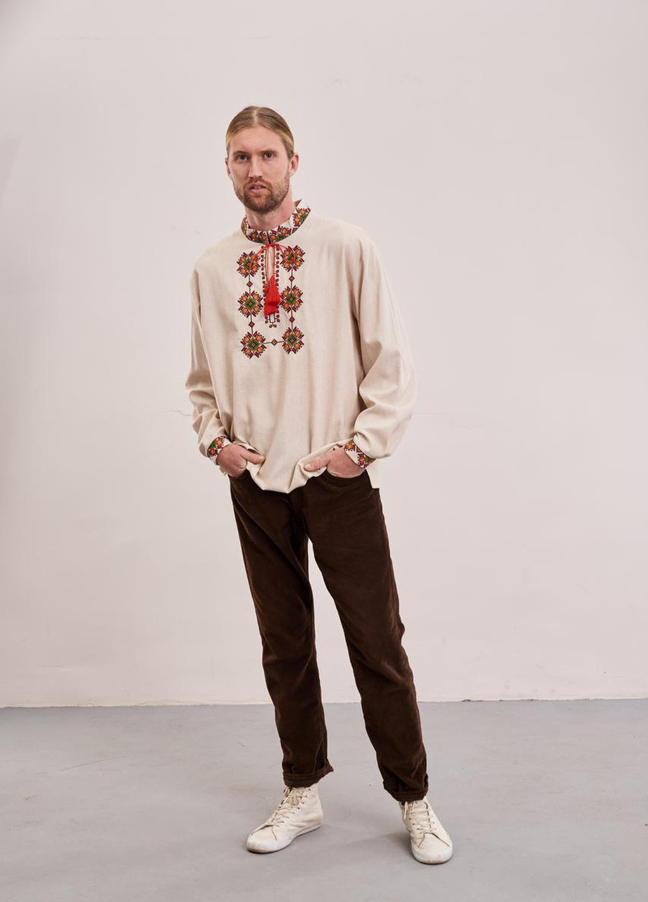 Чоловіча вишиванка "Традиція" розмір 58 український MEREZHKA бежева кежуал льон