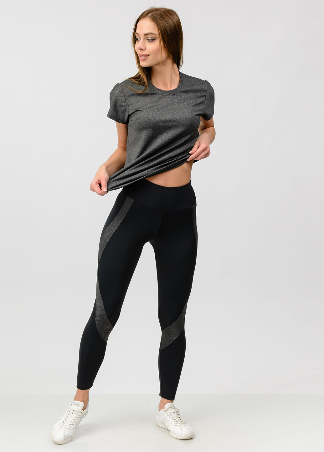 Костюм (футболка, леггинсы) Go Fitness однотонный тёмно-серый спортивный полиэстер