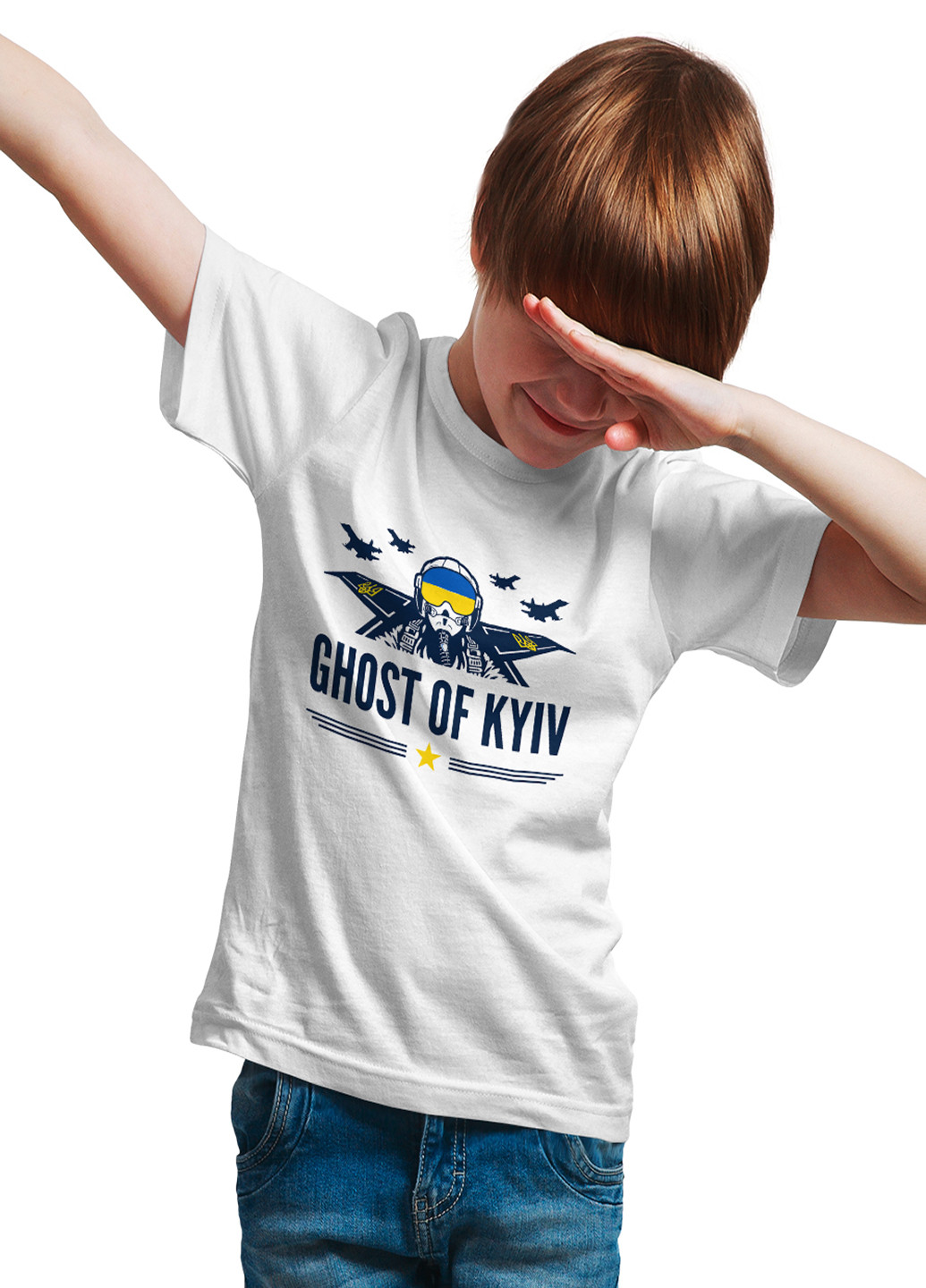Белая демисезонная футболка для мальчика modno print с принтом ghost of kyiv 0116 Stedman