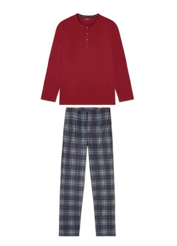 Мужская пижама Livergy лонгслив + брюки однотонная тёмно-красная домашняя хлопок органический