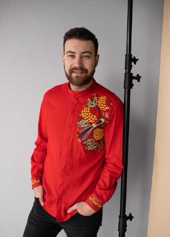 Чоловіча вишиванка "Петриківська" MEREZHKA орнамент червона кежуал льон