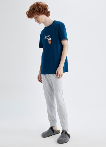 Піжама (футболка, штани) DeFacto футболка + штани сіро-синя домашня трикотаж, бавовна