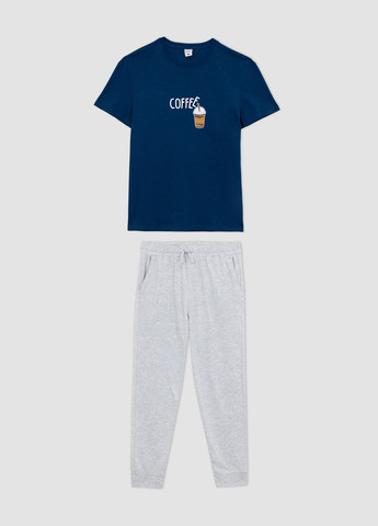Пижама (футболка, брюки) DeFacto футболка + брюки серо-синяя домашняя трикотаж, хлопок