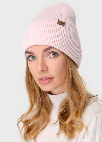 Тепла зимова жіноча кашемірова шапка з відворотом без підкладки 500023 DeMari біні однотонна пудрова кежуал кашемір