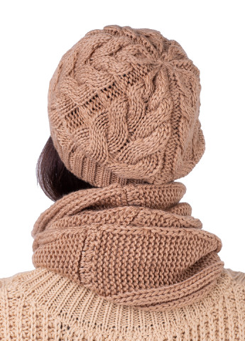 Комплект женский Bakhur шапка + шарф-снуд однотонные песочные кэжуалы мохер, акрил, шерсть