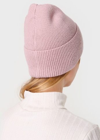 Тепла зимова кашемірова жіноча шапка з відворотом без підкладки 500021 DeMari біні однотонна пудрова кежуал кашемір