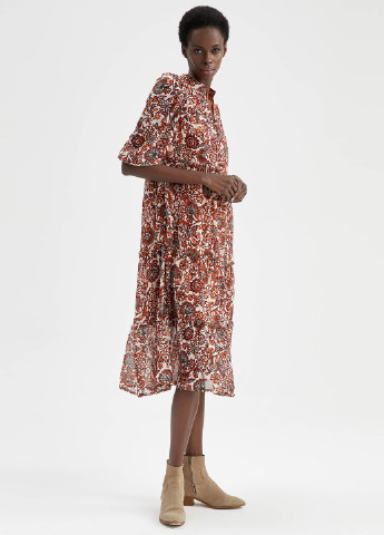 Бордовое кэжуал платье клеш DeFacto с цветочным принтом
