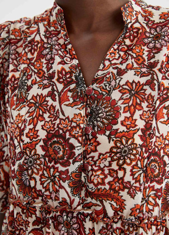 Бордовое кэжуал платье клеш DeFacto с цветочным принтом