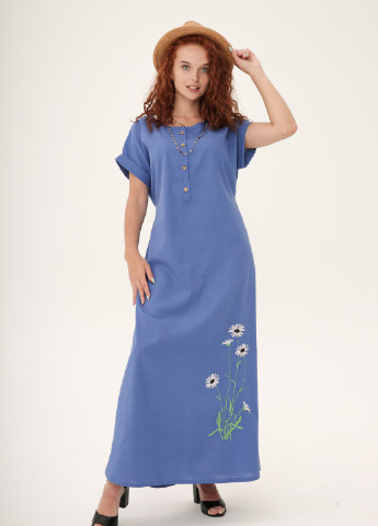 Синее кэжуал длинное льняное платье с вышивкой "ромашки" INNOE однотонное