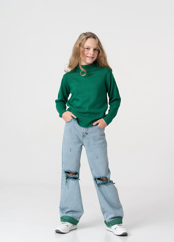 Светло-голубые демисезонные клеш джинсы с дырками и зелеными отстрочками Yumster