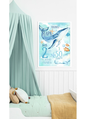 Подарок детская именная метрика-постер Подводный мир HeyBaby голубая